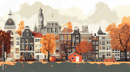 A flat design of the cityscape of Amsterdam with brown. There are several cars parked on both sides of the street under trees with colored leaves.