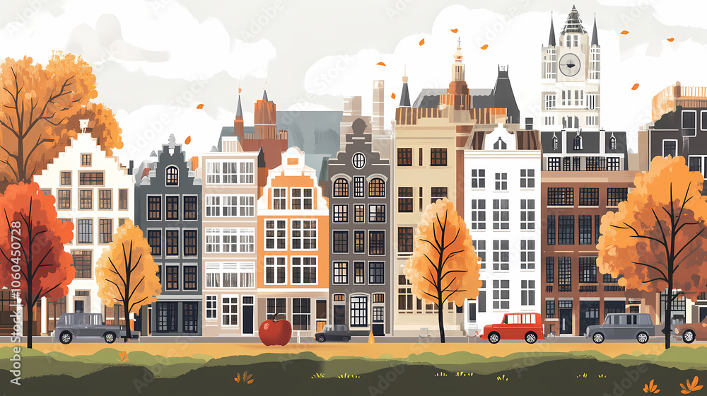 A flat design of the cityscape of Amsterdam with brown. There are several cars parked on both sides of the street under trees with colored leaves. A flat design of the cityscape of Amsterdam with brown. There are several cars parked on both sides of the street under trees with colored leaves.