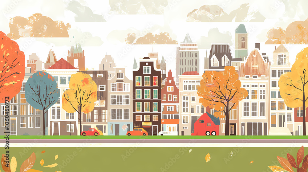 A flat design of the cityscape of Amsterdam with brown. There are several cars parked on both sides of the street under trees with colored leaves. A flat design of the cityscape of Amsterdam with brown. There are several cars parked on both sides of the street under trees with colored leaves.