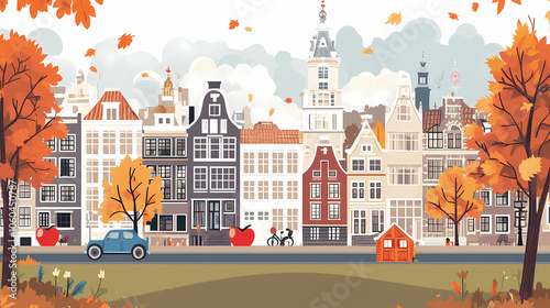 A flat design of the cityscape of Amsterdam with brown. There are several cars parked on both sides of the street under trees with colored leaves.