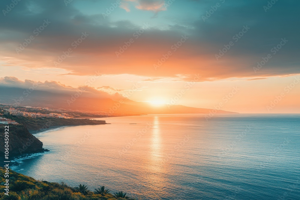 Fototapeta premium A serene sunset scene over the ocean on a cloudy day, perfect for travel or nature-themed projects. Beautiful simple AI generated image