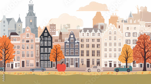 A flat design of the cityscape of Amsterdam with brown. There are several cars parked on both sides of the street under trees with colored leaves.