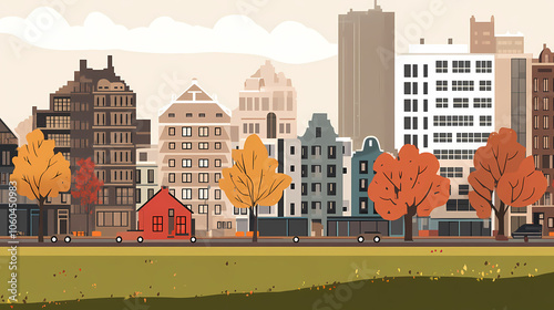 A flat design of the cityscape of Amsterdam with brown. There are several cars parked on both sides of the street under trees with colored leaves.
