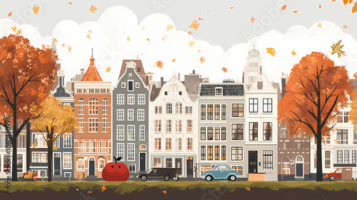 A flat design of the cityscape of Amsterdam with brown. There are several cars parked on both sides of the street under trees with colored leaves.