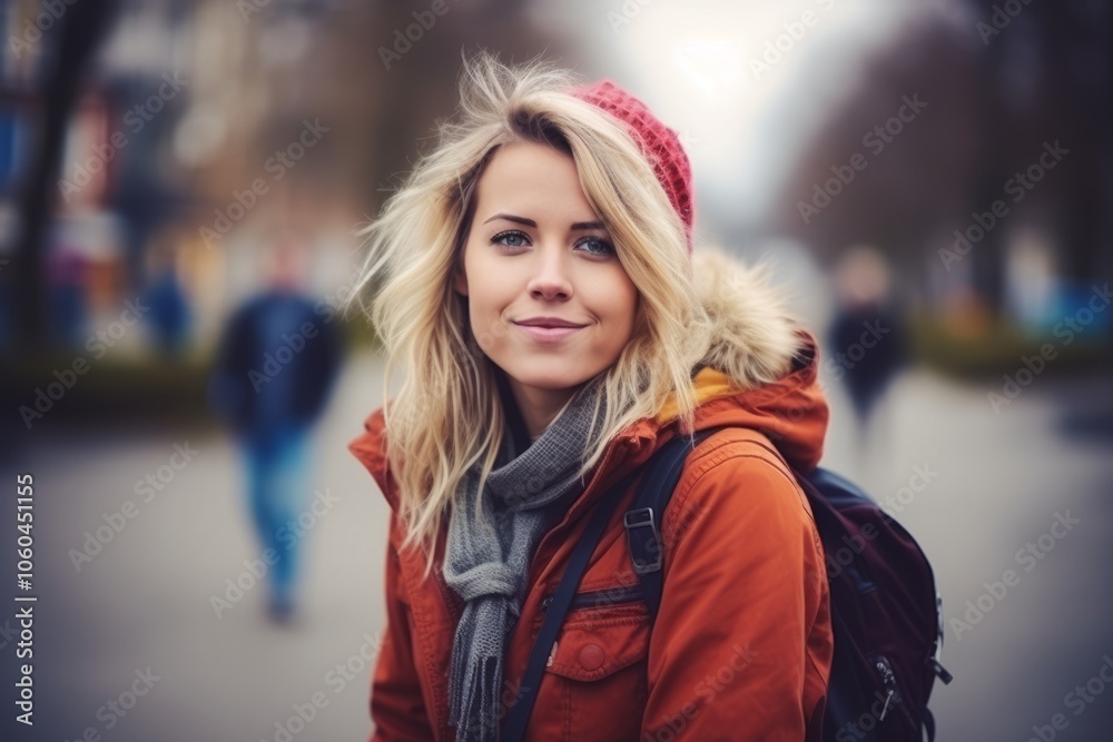 Portrait of a beautiful young woman in winter clothes walking in the city Portrait of a beautiful young woman in winter clothes walking in the city