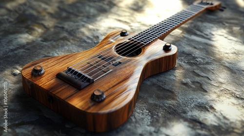 Wooden guitar, six strings, six knobs, C4D, model, rendering, warm, 32K, ultra clear, high-quality, window projection,. photo