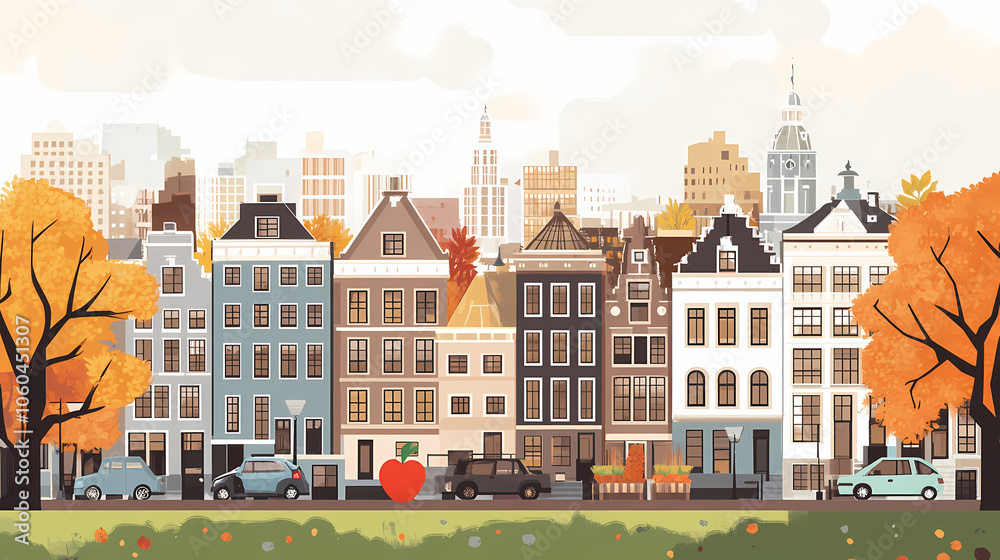 Fototapeta premium A flat design of the cityscape of Amsterdam with brown. There are several cars parked on both sides of the street under trees with colored leaves.
