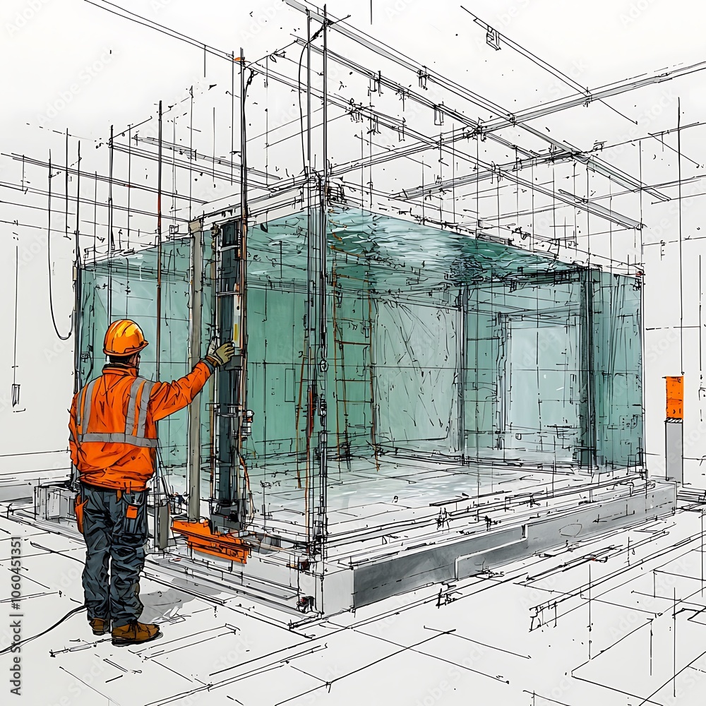 Fototapeta premium Construction Worker Inspecting a Glass Structure.