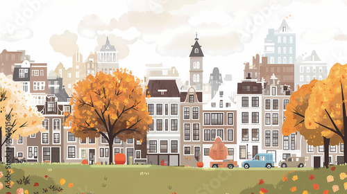 A flat design of the cityscape of Amsterdam with brown. There are several cars parked on both sides of the street under trees with colored leaves.