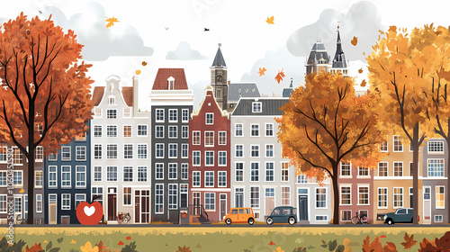 A flat design of the cityscape of Amsterdam with brown. There are several cars parked on both sides of the street under trees with colored leaves.