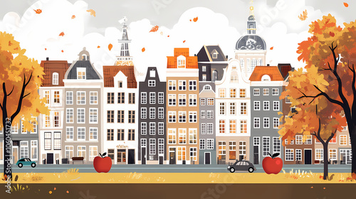 A flat design of the cityscape of Amsterdam with brown. There are several cars parked on both sides of the street under trees with colored leaves.