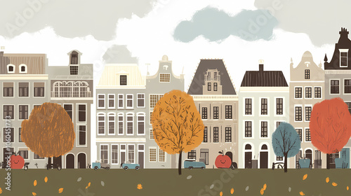 A flat design of the cityscape of Amsterdam with brown. There are several cars parked on both sides of the street under trees with colored leaves.