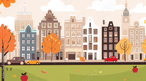 A flat design of the cityscape of Amsterdam with brown. There are several cars parked on both sides of the street under trees with colored leaves.