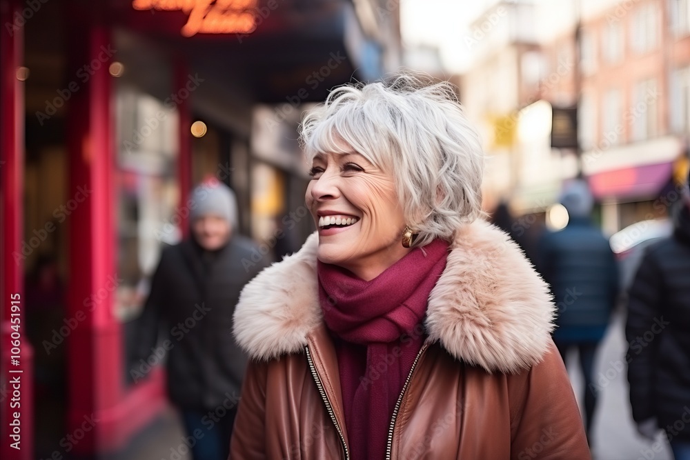 Outdoor portrait of happy senior woman smiling on a city street.