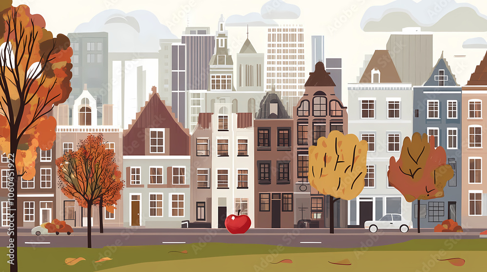 A flat design of the cityscape of Amsterdam with brown. There are several cars parked on both sides of the street under trees with colored leaves. A flat design of the cityscape of Amsterdam with brown. There are several cars parked on both sides of the street under trees with colored leaves.