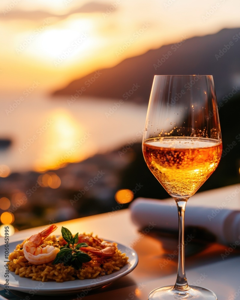 Naklejka premium Elegant glass of wine with a dish at sunset overlooking a beautiful landscape.