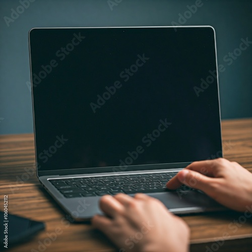 Showing a person's hands working on a computer with a blank screen on an office table. Businessman using notebook computer to work. Empty blank notebook screen.