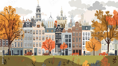 A flat design of the cityscape of Amsterdam with brown. There are several cars parked on both sides of the street under trees with colored leaves.