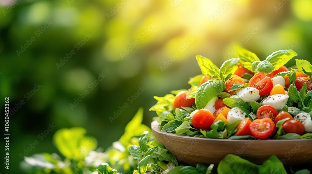 Fresh salad with tomatoes and herbs in a wooden bowl on a vibrant green background. Fresh salad with tomatoes and herbs in a wooden bowl on a vibrant green background.