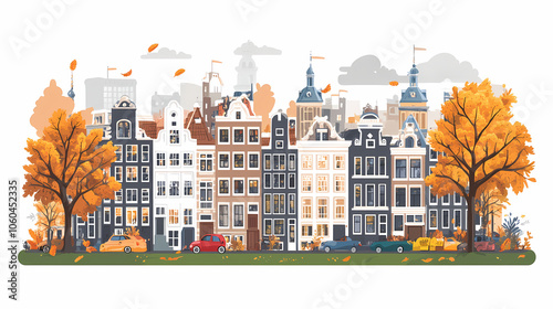 A flat design of the cityscape of Amsterdam with brown. There are several cars parked on both sides of the street under trees with colored leaves.