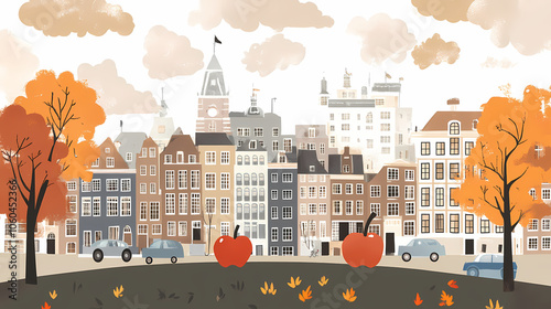 A flat design of the cityscape of Amsterdam with brown. There are several cars parked on both sides of the street under trees with colored leaves.