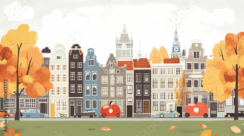 A flat design of the cityscape of Amsterdam with brown. There are several cars parked on both sides of the street under trees with colored leaves.