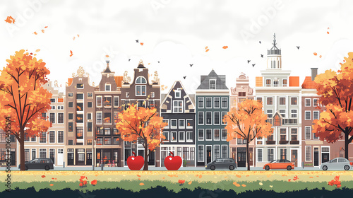 A flat design of the cityscape of Amsterdam with brown. There are several cars parked on both sides of the street under trees with colored leaves.