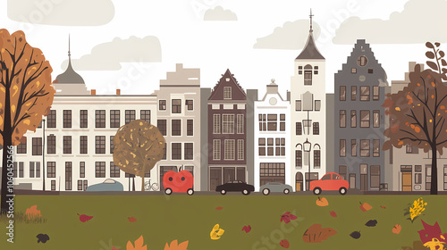 A flat design of the cityscape of Amsterdam with brown. There are several cars parked on both sides of the street under trees with colored leaves.