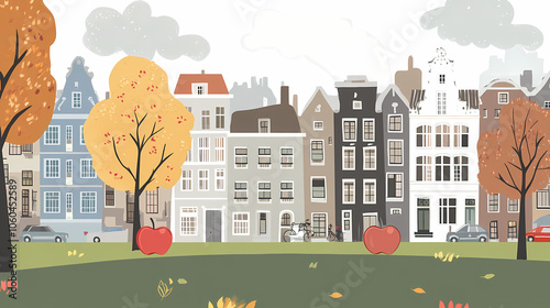 A flat design of the cityscape of Amsterdam with brown. There are several cars parked on both sides of the street under trees with colored leaves.