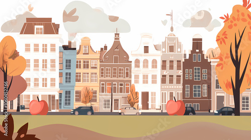 A flat design of the cityscape of Amsterdam with brown. There are several cars parked on both sides of the street under trees with colored leaves.