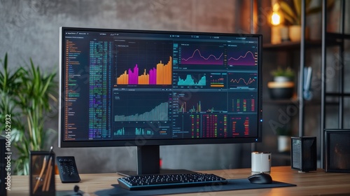 A sleek desktop setup featuring a monitor filled with financial data visualization, colorful bar charts,