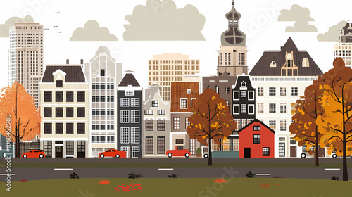 A flat design of the cityscape of Amsterdam with brown. There are several cars parked on both sides of the street under trees with colored leaves.