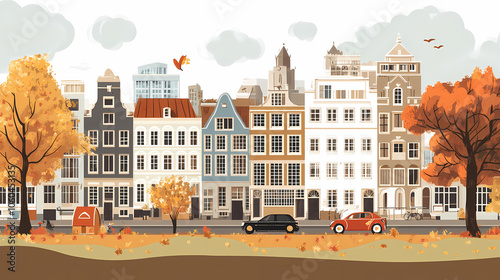 A flat design of the cityscape of Amsterdam with brown. There are several cars parked on both sides of the street under trees with colored leaves.