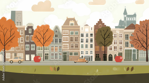 A flat design of the cityscape of Amsterdam with brown. There are several cars parked on both sides of the street under trees with colored leaves.