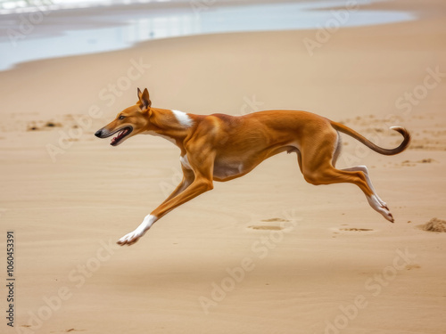A dog is running on the beach. The dog is brown and white
