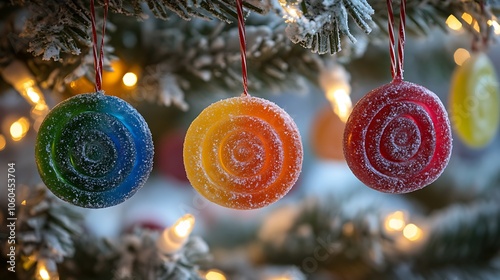 Tree ornaments made from rainbow-colored gumdrops and red licorice spirals, set against twinkling lights and holiday garlands. Soft focus on tree background, detailed candy textures, photo