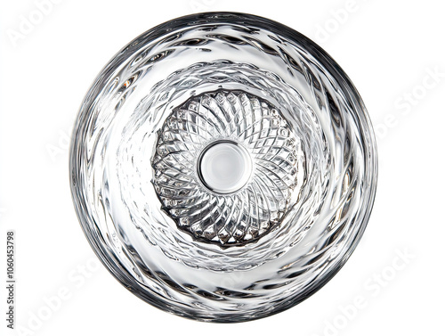 Top view of a crystal-clear glass bowl isolated on a white background