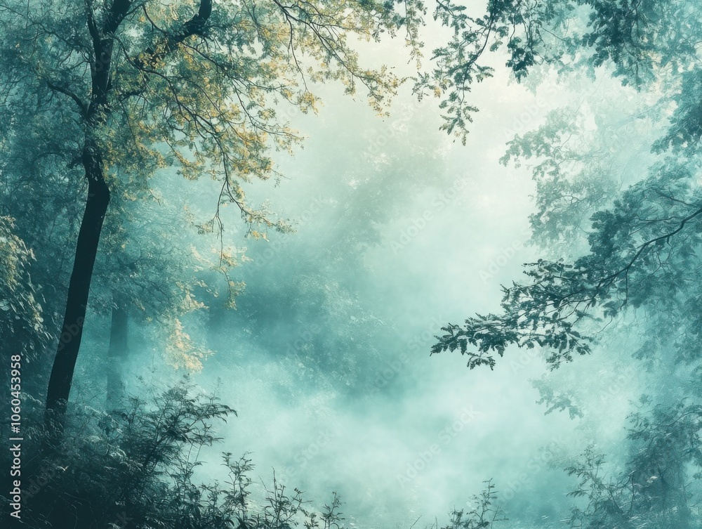 Fototapeta premium Misty forest scene with trees and ethereal light, calm and serene atmosphere.