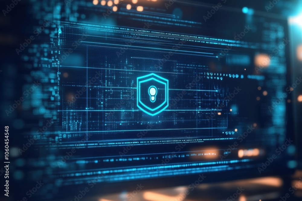 A glowing protection icon appears on a computer screen, highlighting themes of cybersecurity and digital safety in today's technology. Generative AI A glowing protection icon appears on a computer screen, highlighting themes of cybersecurity and digital safety in today's technology. Generative AI