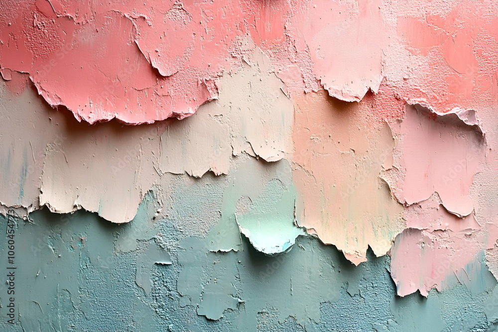 A textured wall featuring layers of peeling paint in soft pink and green hues, creating an abstract and artistic appearance. A textured wall featuring layers of peeling paint in soft pink and green hues, creating an abstract and artistic appearance.