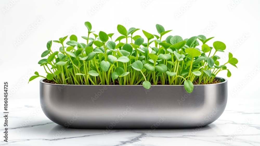 Fototapeta premium A microgreen in a transparent container on a white background. Growing greens for a healthy diet