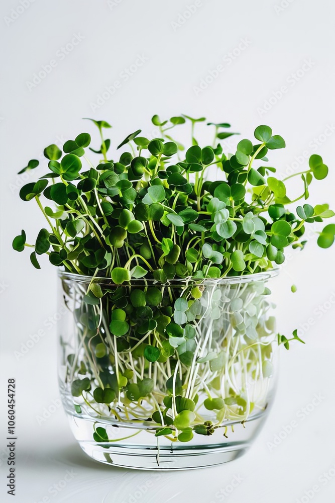A microgreen in a transparent container on a white background. Growing greens for a healthy diet A microgreen in a transparent container on a white background. Growing greens for a healthy diet