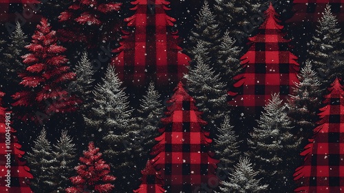 A pattern of Christmas trees with checkered and plaid designs in red and black, snowy details on branches, cozy winter warmth, soft lighting, ultra hd quality. --ar 16:9 --tile photo