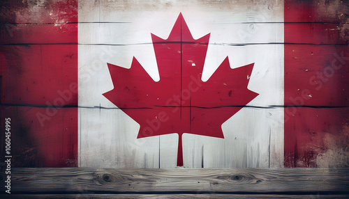 Canadian Maple Leaf on Weathered Wood: A Patriotically Rustic Image photo