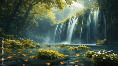 Serene waterfall surrounded by lush greenery and tranquil waters.