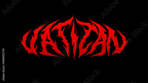 Vector typography design of 'Vatican' in sharp, spiked, and symmetrical red lettering on a black background. This intense, metal inspired style is perfect for gothic, hardcore, and alternative themes