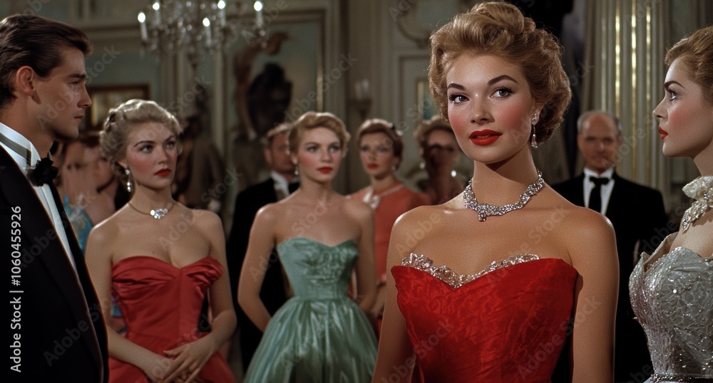 Naklejka premium Elegant evening gathering featuring glamorous women in vintage attire
