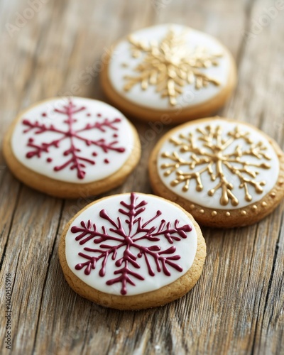 Festive Snowflake Cookies on Wooden Table