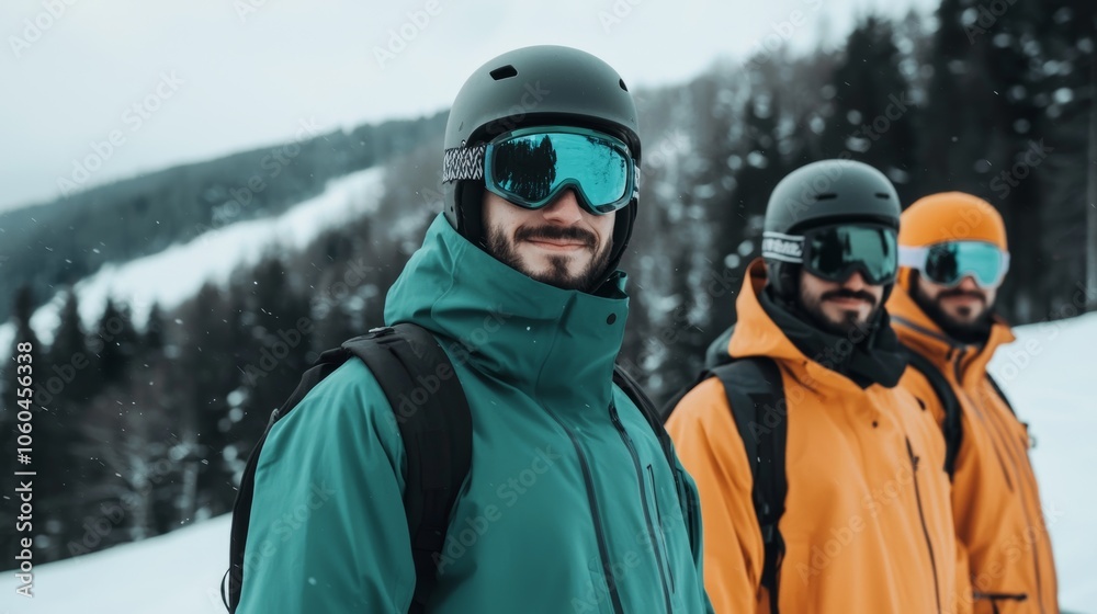 Skiers Posing on Snowy Mountain with Stylish Gear