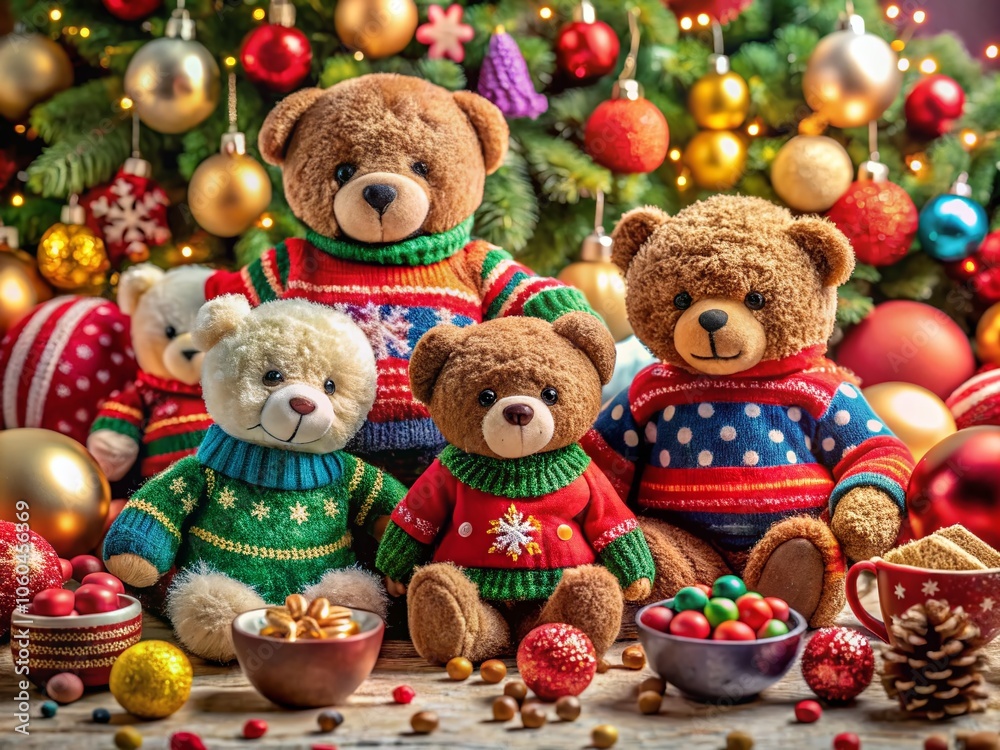 Charming Christmas Teddy Bears in Colorful Sweaters Surrounded by Kids' Toys for Festive Decor Charming Christmas Teddy Bears in Colorful Sweaters Surrounded by Kids' Toys for Festive Decor